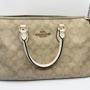 Coach Beige Signature Canvas Satchel with Cream Trim
